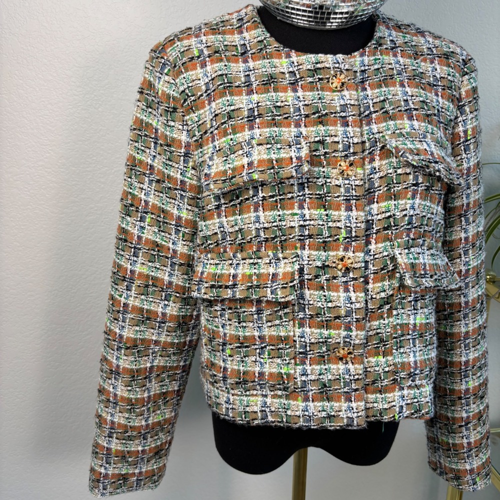 Anthropologie Autres Filles Colorful Tweed Cropped Jacket Plaid, Large, Parisian - Picture 14 of 16